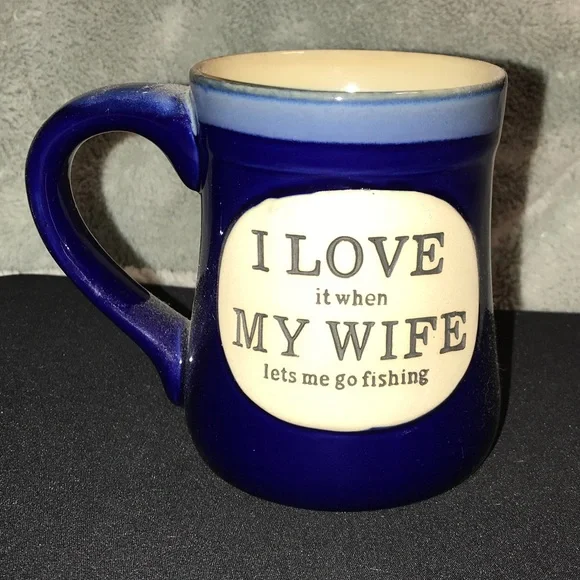 I Love My Wife -Stoneware 18 oz Fishing Coffee Cup Mug, Cobalt Blue. NWOT - Picture 1 of 5